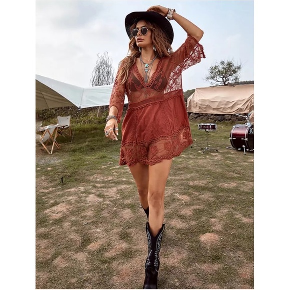 New Bohemian V Neck Crochet Mesh Dress - Picture 2 of 8